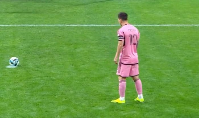 Inter Miami captain Lionel Messi pictured moments before he scored from a penalty kick in a 4-3 loss to Al-Hilal in January 2024